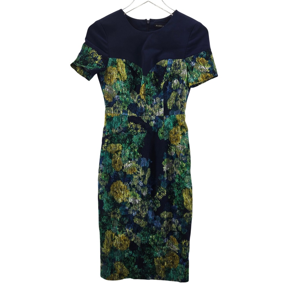 BLACK HALO Floral Print Sheath Dress Navy‎ Blue Green Yellow Watercolor Size 0
